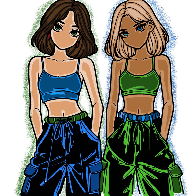 two girls with crop top with baggy pants