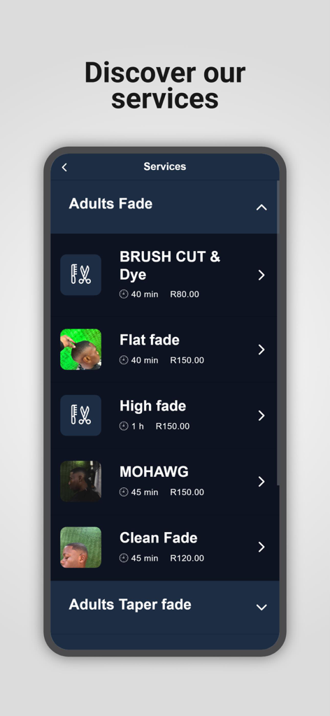 The Backdoor barber - Menu de serviços de barbearia mostrando várias opções de corte de cabelo fade e preços