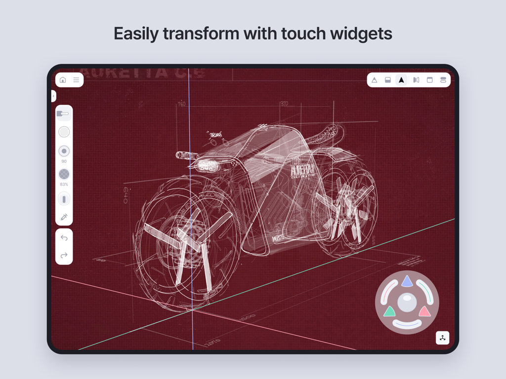 Feather: Draw in 3D - Interface of Feather 3D drawing app showing a car concept sketch and touch transformation widgets.