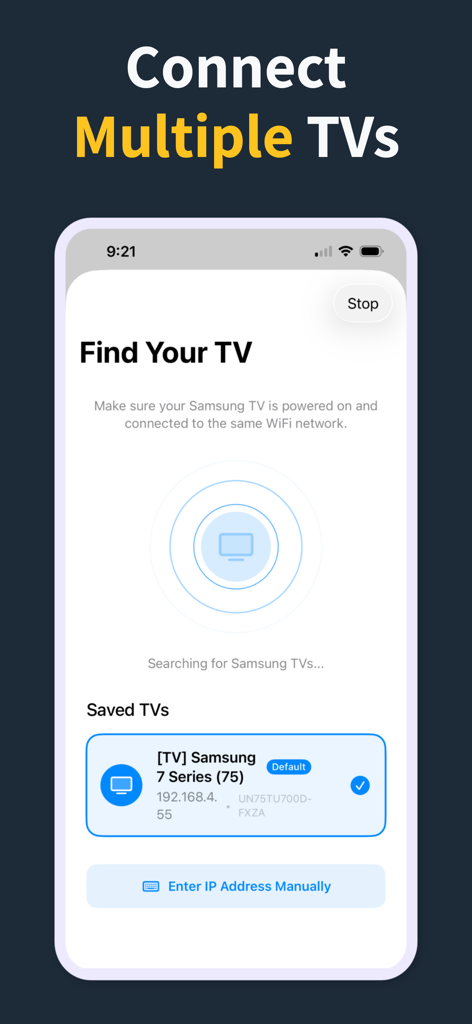 Remote Control for TV Pro - Captura de pantalla de la aplicación Control Remoto para TV Pro que muestra la interfaz para buscar y conectarse a múltiples televisores inteligentes.