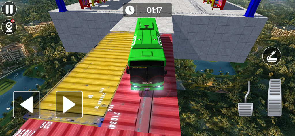Green bus driving on high altitude containers in Sky Bus Mega Ramp Drive