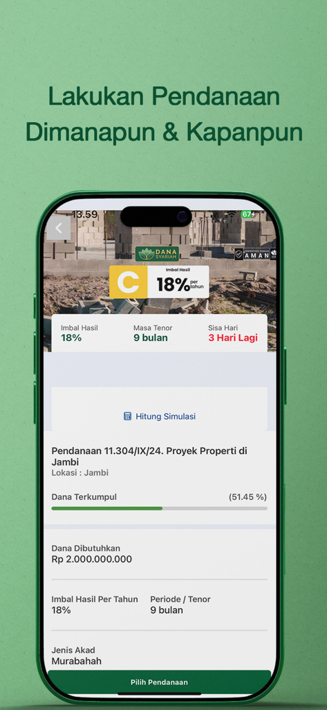 Dana Syariah - Dana Syariah app interface showing details for a Sharia-compliant property investment project in Jambi
