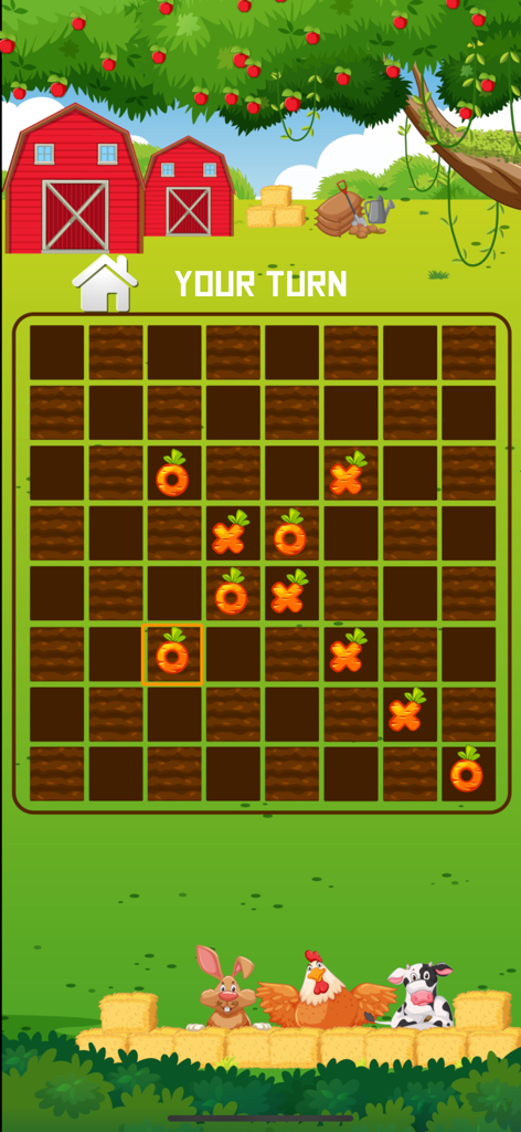 Chess 2 in 1 for Watch & Phone - Tablero de juego de Tres en Raya de temática de granja con piezas X y O en forma de zanahoria en una cuadrícula de jardín