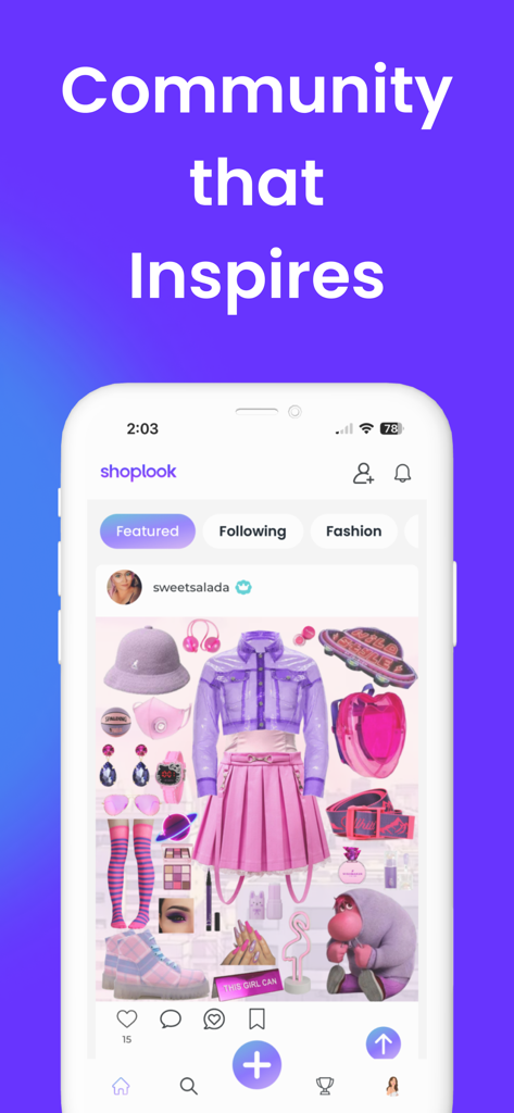 ShopLook - Outfit Maker - ShopLook app screen displaying a creative fashion collage with pink and purple clothing items in a community feed under the heading Community that Inspires.