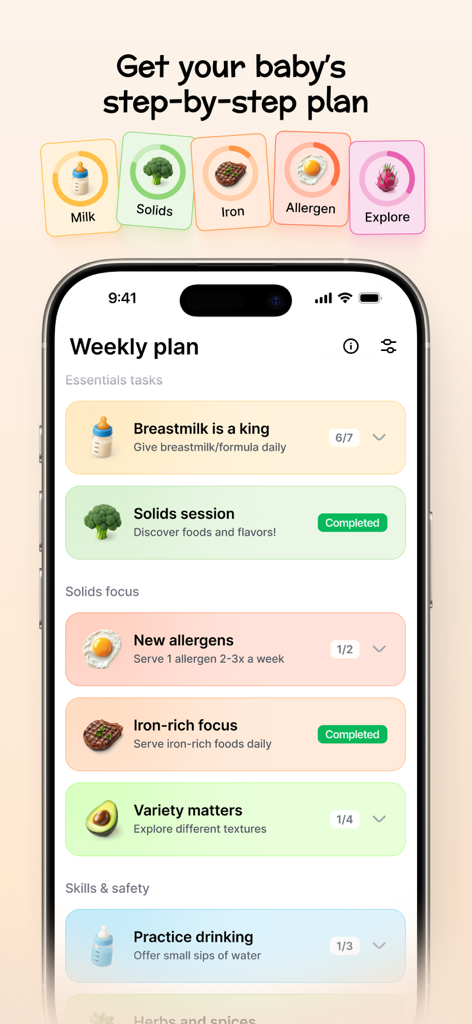 BabyPlate: start solids - Captura de pantalla de la aplicación BabyPlate que muestra un plan de comidas semanal para comenzar con sólidos con categorías como alimentos ricos en hierro y alérgenos