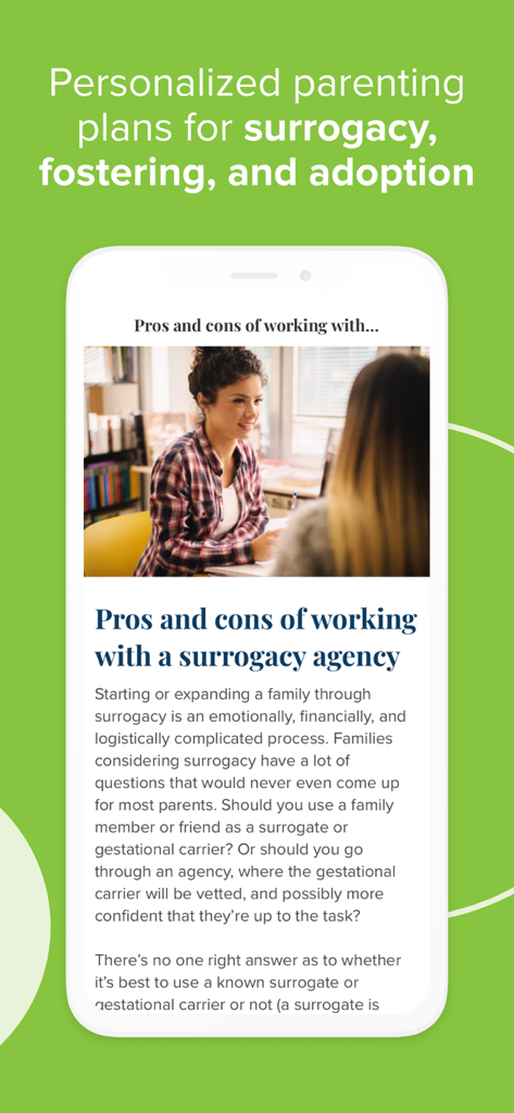 Ovia Parenting app interface showing an article about surrogacy agency pros and cons