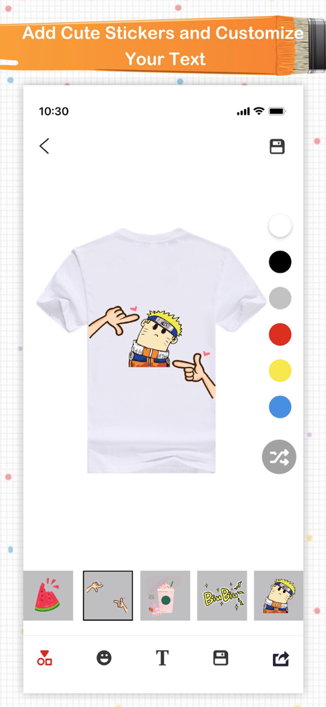 Super T-Shirt Designer - Mobile interface of Super T-Shirt Designer app showing a custom white t-shirt mockup with an anime character sticker.