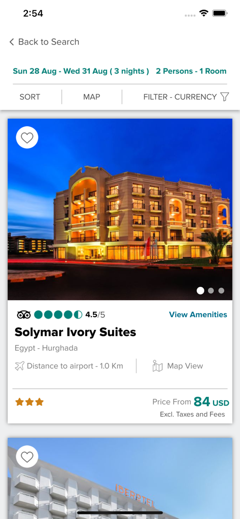 Interface do aplicativo JAZ Hotel Group mostrando uma listagem de pesquisa de hotel para Solymar Ivory Suites em Hurghada, Egito
