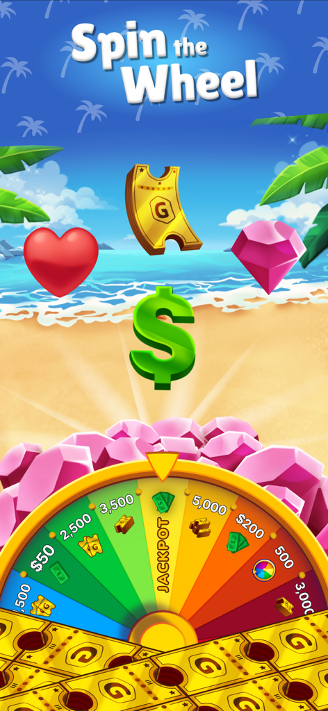 Tropical Crush: Lucky Match - 열대 해변 배경에 현금 상품 및 티켓 보상이 표시된 Tropical Crush 앱의 휠 돌리기 기능