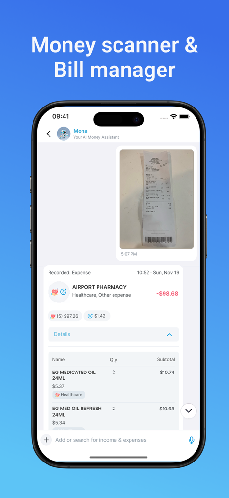 Money Tracker - Mona AI - Mona AI app interface showing a pharmacy receipt scan and automated expense categorization.
