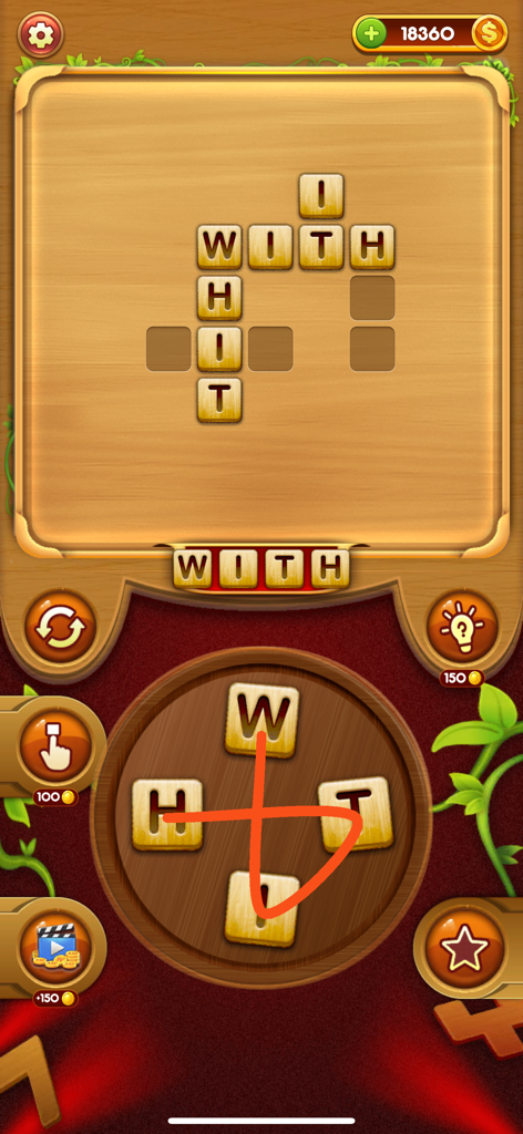 Word Connect: Word Link Quest - Word Connectのゲームプレイ。木製レターブロックとスワイプホイールを備えたクロスワードパズルを表示しています。