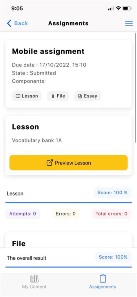 Pearson English Connect app interface showing assignment submission details and lesson progress scores