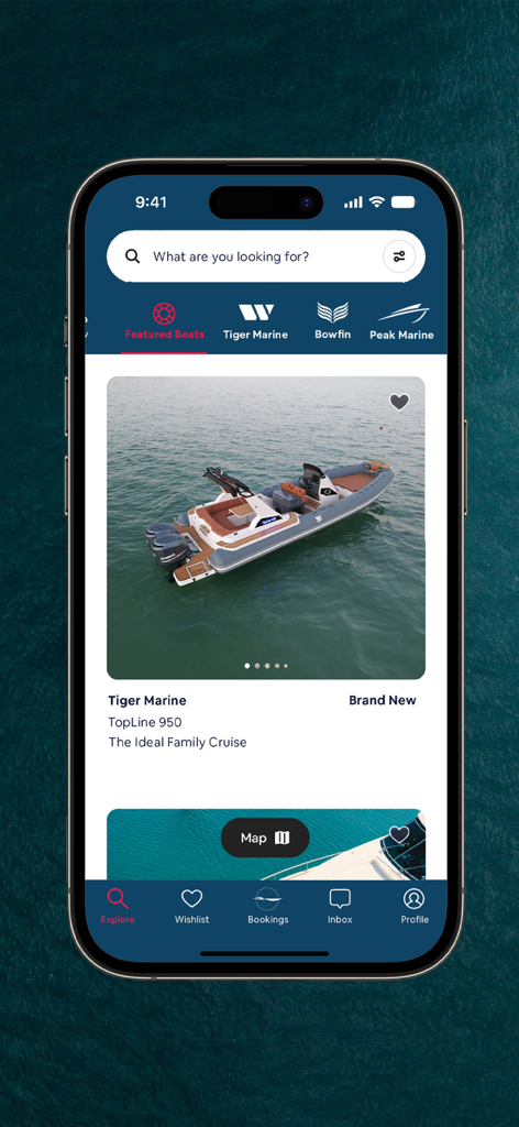 Sea Life Connect - Sea Life Connect app interface displaying featured boats and search bar