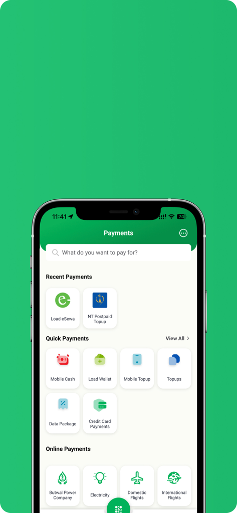 nBank app payments screen showing utility bills mobile topups and flight booking options