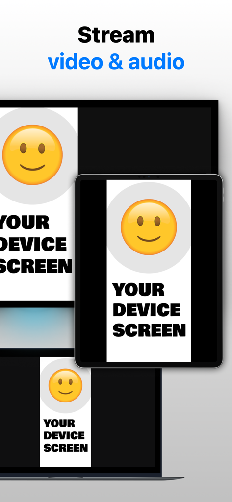 Screen Mirroring to Any Device - Pantalla de iPhone duplicando a una tableta y a un portátil para la transmisión de vídeo y audio