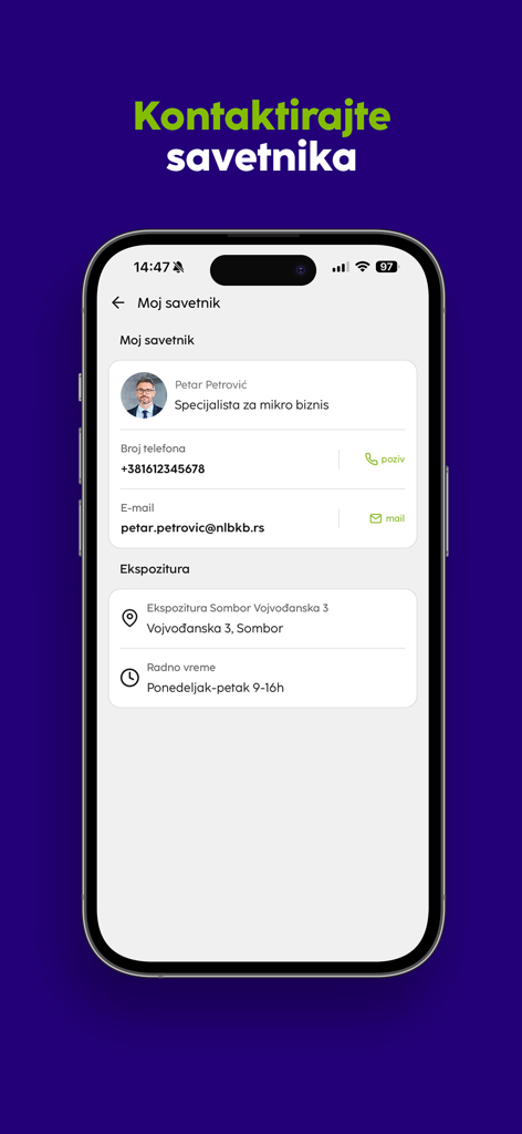 NLB mBizKlik app interface showing personal banking advisor contact information and branch details