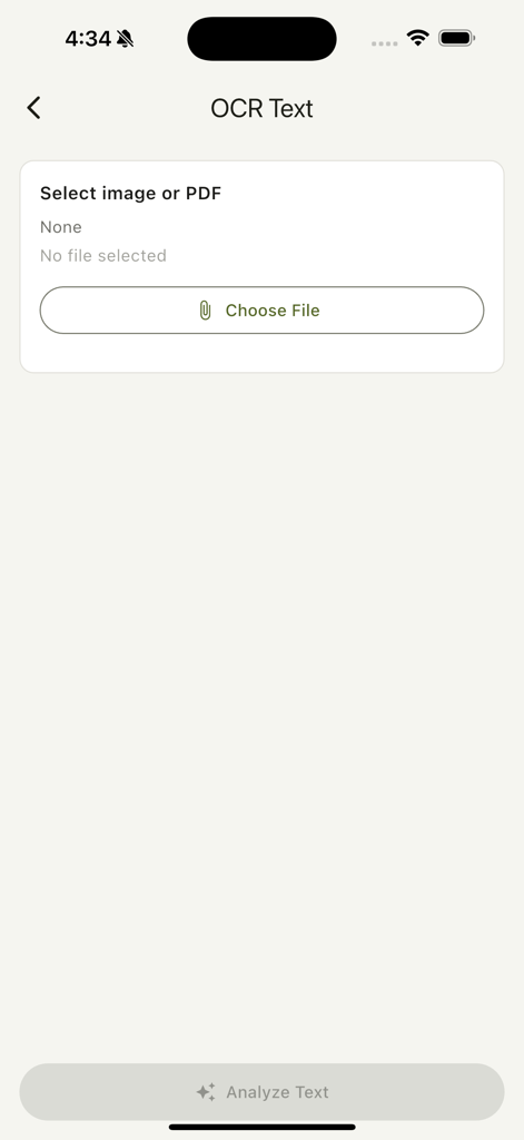 Smart Scan – PDF Scanner App - Interfaccia dell'app Smart Scan che mostra la funzione di testo OCR con un pulsante per scegliere un file per l'analisi del testo