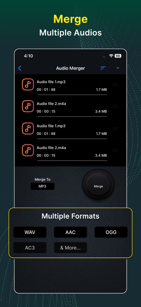Video Converter and Compressor - 結合するファイルのリストと、MP3およびWAVなどの利用可能な出力形式が表示されたオーディオマージャー機能のインターフェース