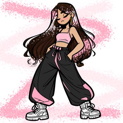 girl in baggy pants crop top and long hair