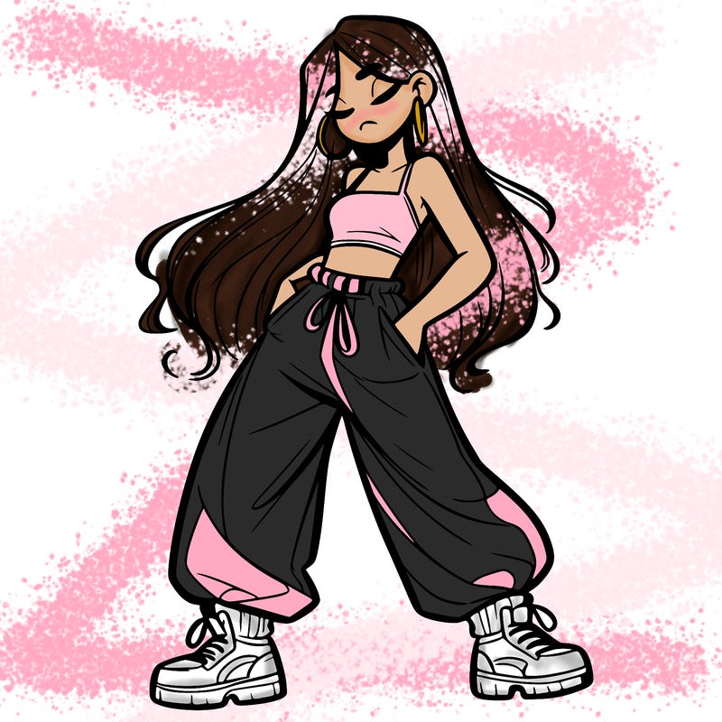 girl in baggy pants crop top and long hair