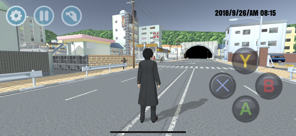 Anime character walking on a city street with game control buttons overlay