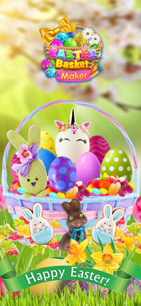 Easter Basket Maker Decorate - A colorful decorated Easter basket with a unicorn egg, chocolate bunny, and festive candies.