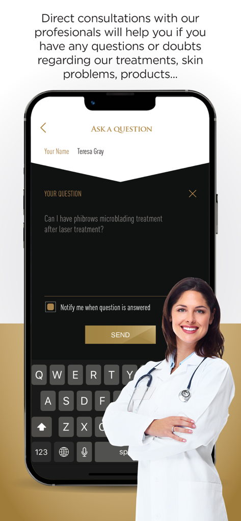 PhiApp - PhiApp mobile interface showing the direct medical consultation screen with a question field and an image of a medical professional
