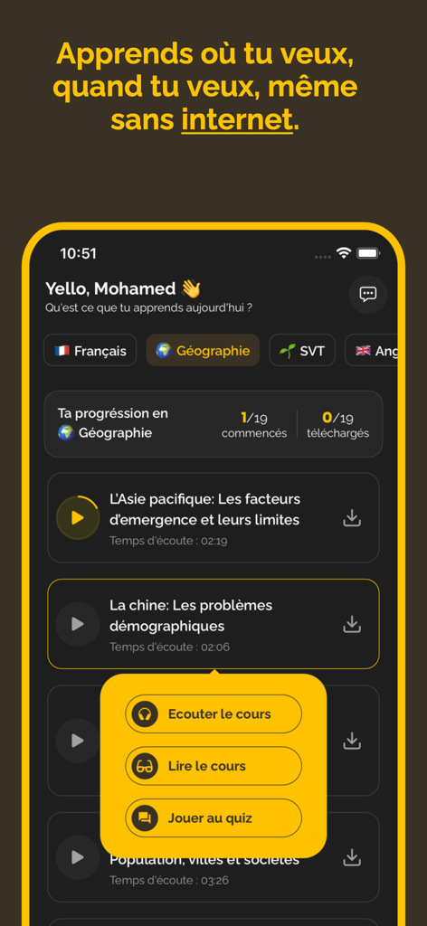 Yello-app - Yello app dashboard showing geography course topics and interactive learning options like audio and quizzes