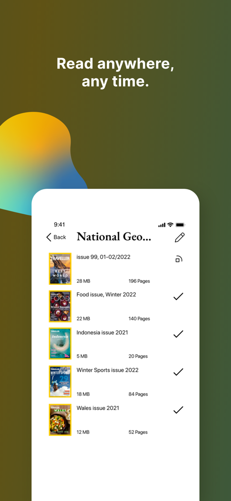 YUMPU Magazines and Newspapers - YUMPU app interface showing a list of downloaded magazines ready for offline reading