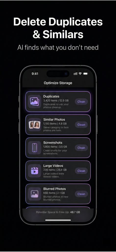 Photo Cleaner &Storage Cleaner - Pantalla de smartphone que muestra las funciones de la aplicación Photo Cleaner para eliminar duplicados, fotos similares y videos grandes para recuperar espacio de almacenamiento