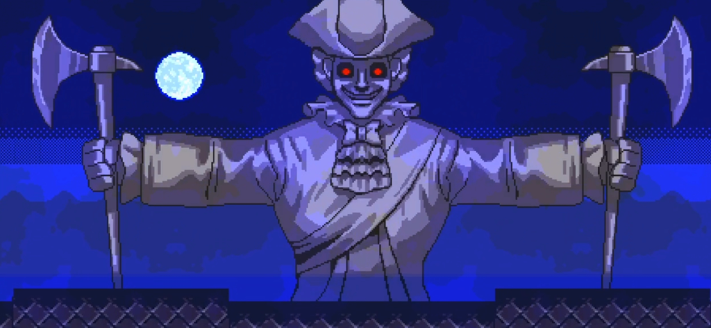 Super Dark Deception - Um monstro de pixel art retrô com olhos vermelhos segurando machados sob um céu luar