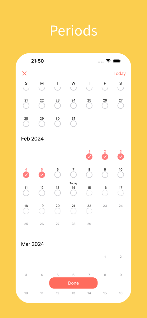 Period Tracker - Cycle Log App - Vista de calendario minimalista en la aplicación Rastreador de Períodos que muestra las fechas del ciclo menstrual rastreadas con marcas rojas.