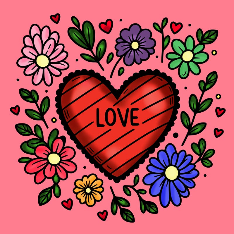 love heart with flowers around it