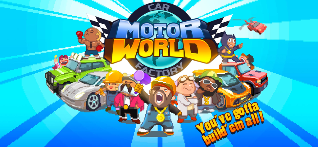 Motor World Car Factory promo banner with pixel art characters and cars