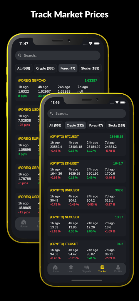 Tela do aplicativo Signalbyt exibindo um rastreador de preços de mercado em tempo real para pares de trading de criptomoedas e forex