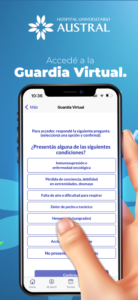 Portal Hospital Austral - Pantalla de triaje de la guardia virtual de la app móvil Portal Hospital Austral