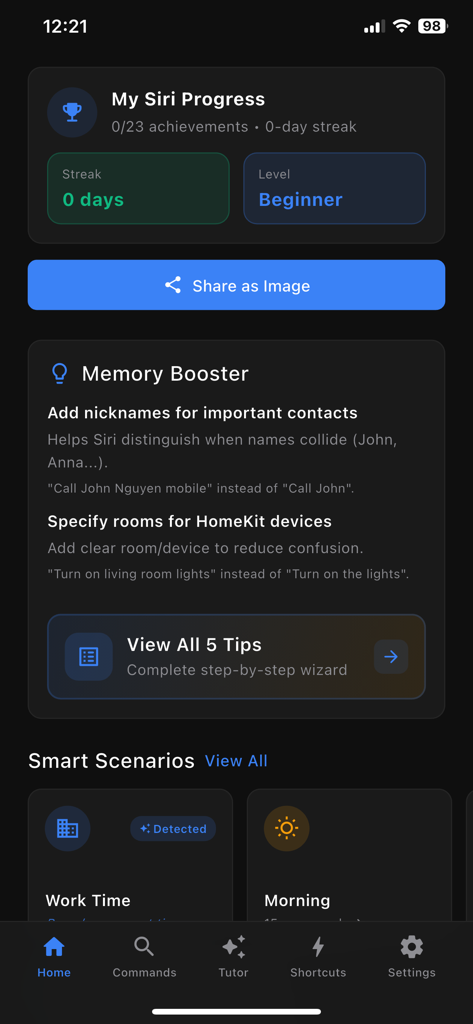 App For Siri Commands Tips - Pantalla de inicio de la aplicación Siri Commands que muestra el seguimiento del progreso y consejos para mejorar la memoria