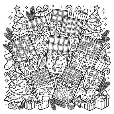 Get ready for a delicious holiday treat with this festive coloring page featuring an abundance of Christmas chocolate bars. Discover intricate designs filled with seasonal cheer, perfect for a cozy coloring session.
