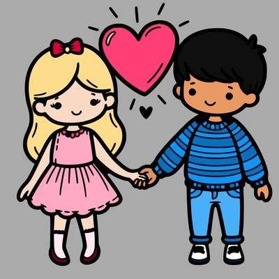 a girl holding hands with a boy with a big heart on top
