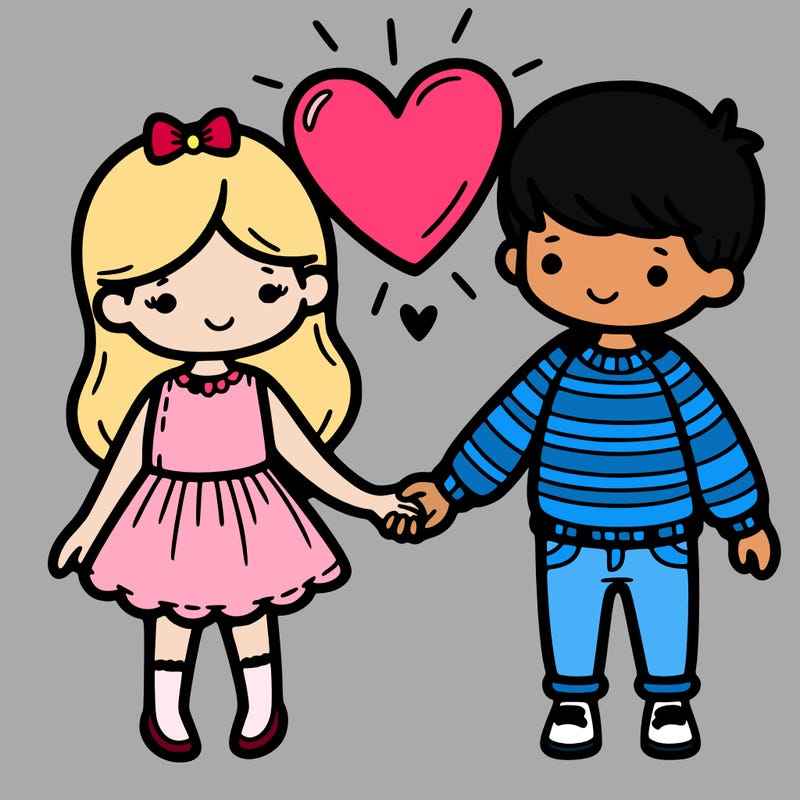 a girl holding hands with a boy with a big heart on top