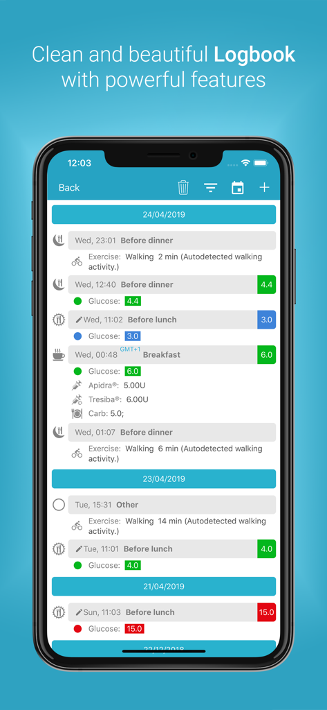 Interface of the Diabetes:M app logbook displaying glucose levels, insulin doses, and exercise entries.