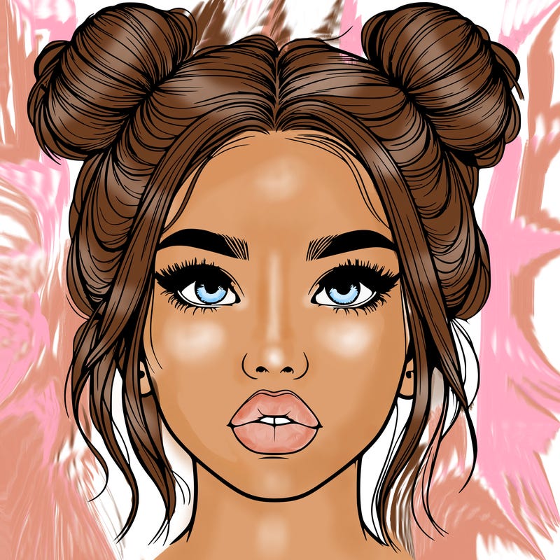 realistic girl with two buns on her hair and lips