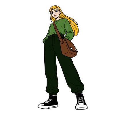 a girl with baggie pants and short but long hair with a long sleeve shirt with convers