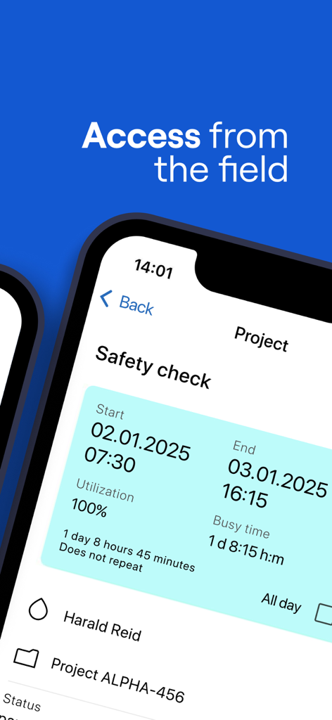 Ganttic Planner - Ganttic Plannerモバイルインターフェース。安全チェックタスクの詳細とリソース利用状況を表示。