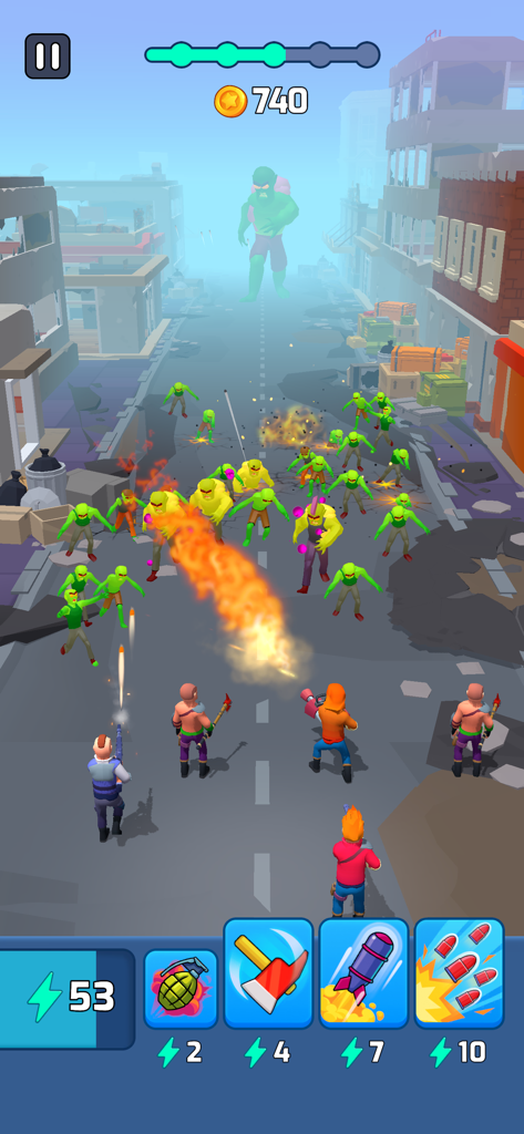 Idle Defense Survival - Squad of survivors fighting a zombie horde with flamethrowers and special abilities in a ruined city.