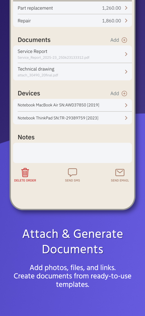 Oberfläche der Service & Auftragsverwaltung App mit Auftragsdetails inklusive Dokumenten und Geräten