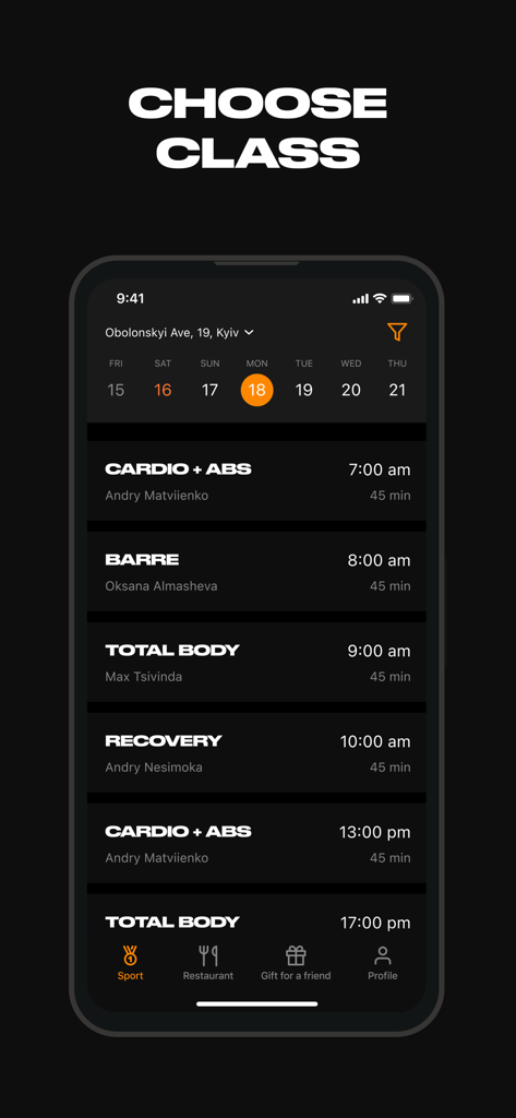 Screenshot dello smartphone dell'app Smartass che mostra un calendario di corsi di fitness da prenotare