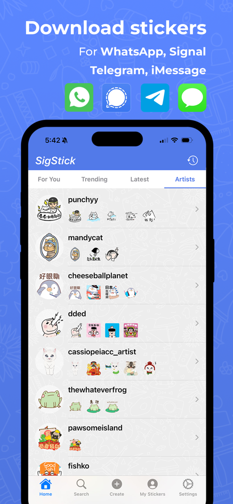 SigStick Sticker Maker - SigStick app Artists tab displaying a variety of custom sticker packs for messaging apps