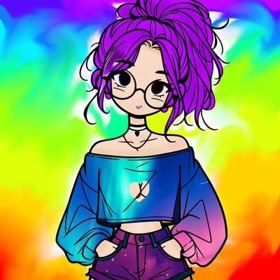 girl with a messy ponytail glasses a baggy crop top and jean shorts