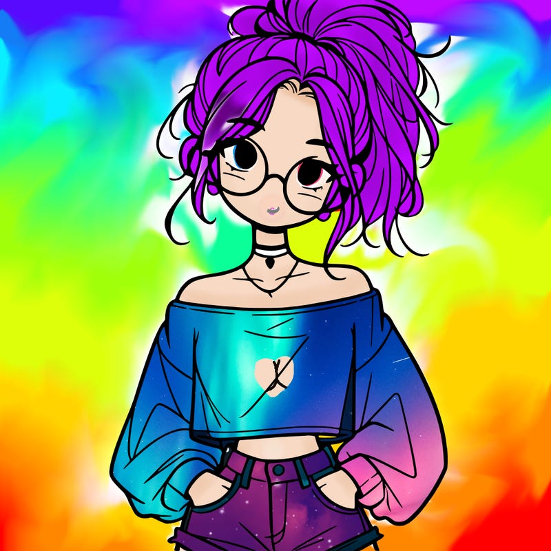 girl with a messy ponytail glasses a baggy crop top and jean shorts